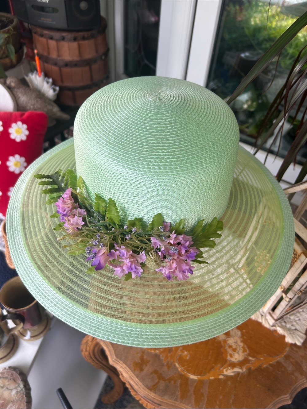 Vintage Wide Brim Mint Floral Derby Hat - Picture 3 of 6